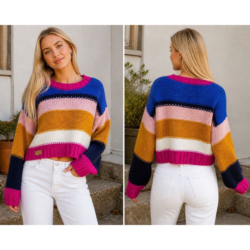 Simply Southern Colorblock Knit Sweater Womens L Cropped Pink Blue Stripe NWT